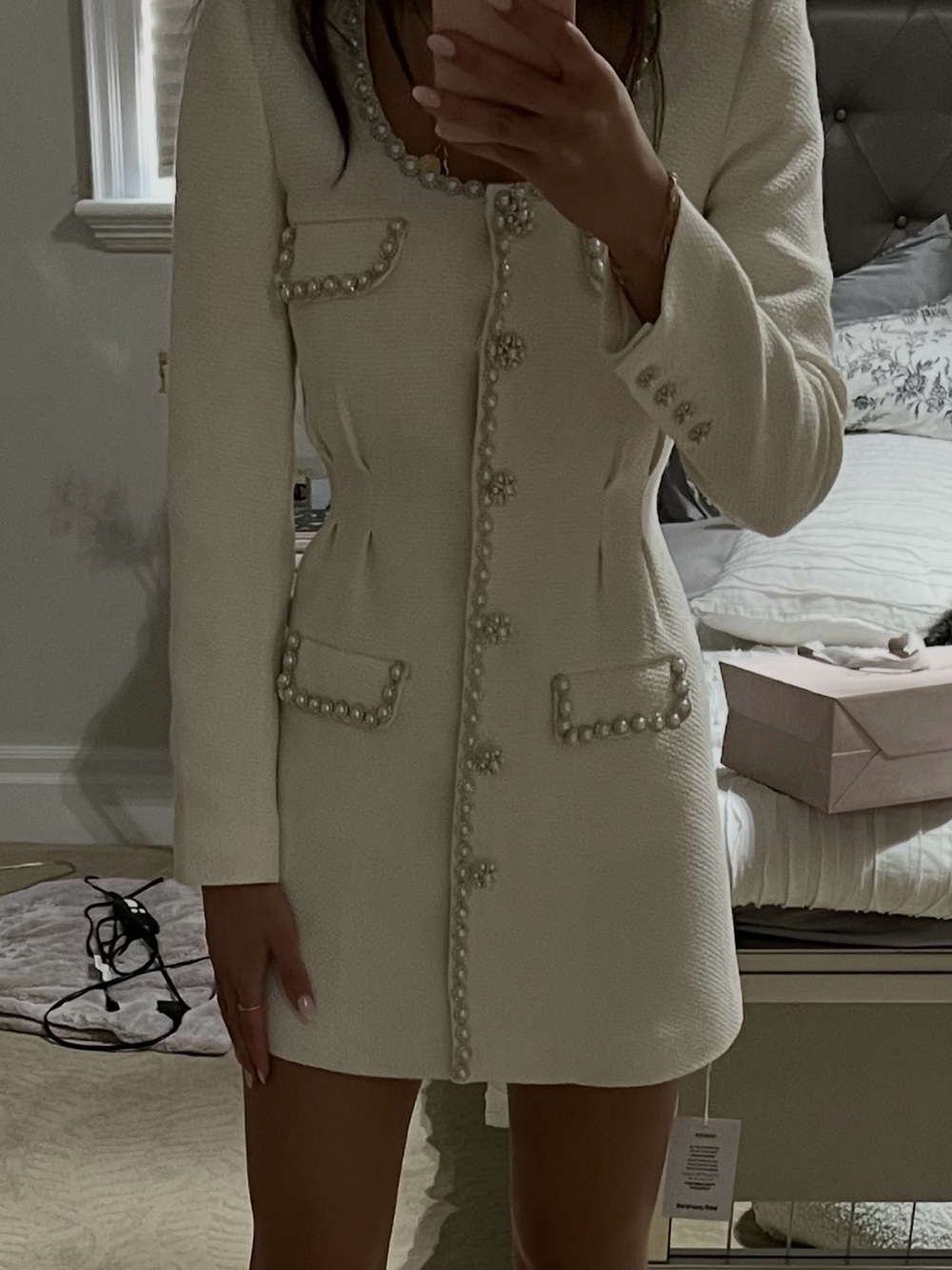 Self-Portrait Ivory Pearl-Trim Long-Sleeve Dress Coat - Picture 2 of 2